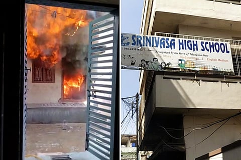 A collage of the fire that broke out at a school and an image of the school's board
