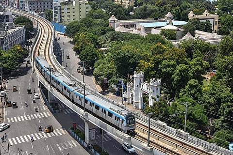  An aerial view of Hyderabad: A  Hyderabad Metro train plying  on the tracks