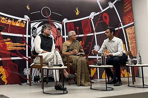 Aakar Patel (left) and Usha Ramanathan (centre) at Internet Freedom Foundation panel discussion on privacy in Bengaluru