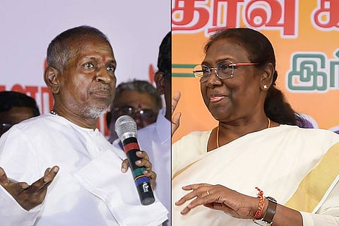 A collage of Ilaiyaraaja and Draupadi Murmu