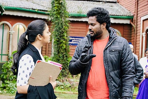 Actor Jyotika and director JJ Fredrick during Ponmagal Vandhal shoot