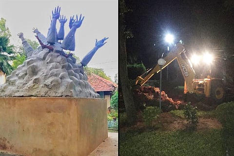(L) The Mullivaikkal war memorial at Jaffna University and (R) The demolition that took place on Friday night