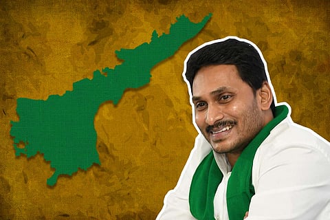 Andhra Pradesh Chief Minister against a backdrop of the state map