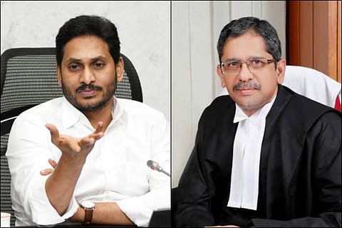 Andhra Pradesh Chief Minister Jagan Mohan Reddy and Supreme Court Judge N V Ramana 