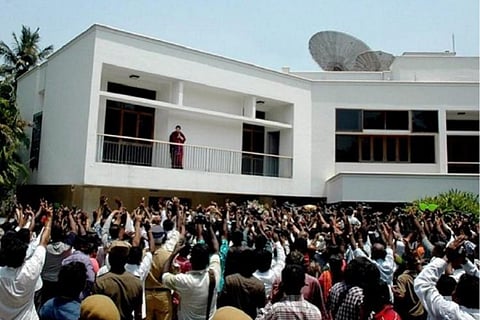 Late Tamil Nadu CM Jayalalithaa greeting a gathering from her residence Veda Nilayam in Poes Garden in Chennai