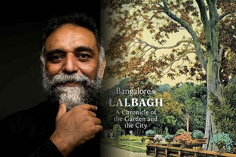 A collage of Suresh Jayaram and the cover of his book  Bangalore’s Lalbagh – A Chronicle of the Garden and the City