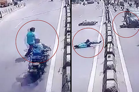 Screengrab shows pedestrian and motorist flung across road in accident in Hyderabad