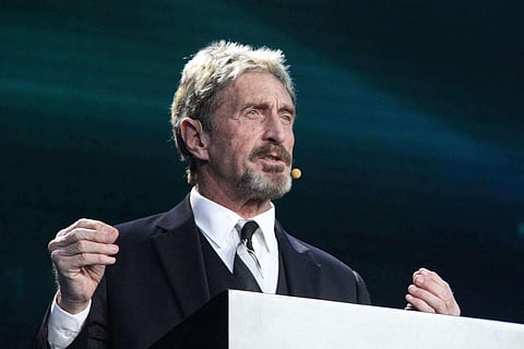A file photo of Antivirus software creator John McAfee of him addressing an event