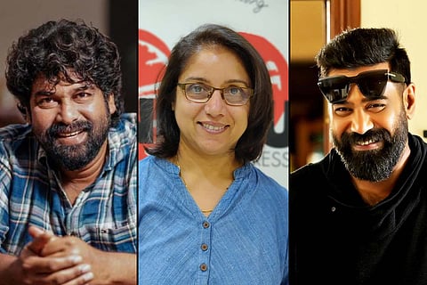 Actors Joju George (L), Revathy, Biju Menon (R)