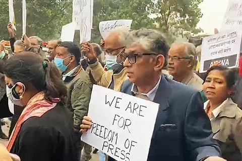 Journalists staging a protest in Delhi over restrictions on the entry of media into Parliament
