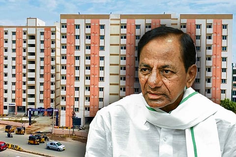 A collage of 2 BHK houses and CM KCR
