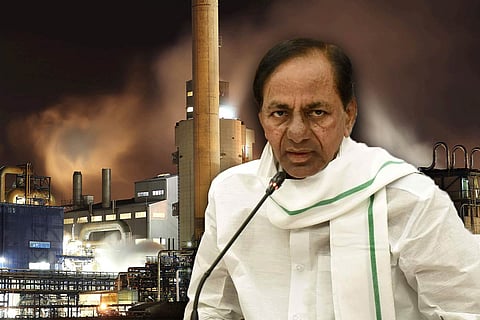 A collage of Telangana CM KCR and a factory in the background