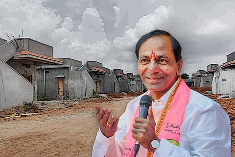 A collage of CM KCR and 2 BHK houses under construction