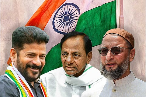 A collage of CM KCR, Revanth Reddy and Owaisi