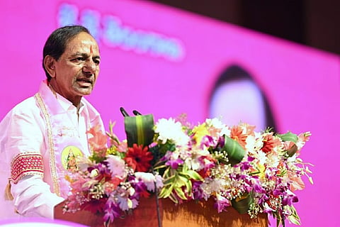 Telangana Chief Minister KCR at a TRS party event, he is going on a nationwide tour from May 20