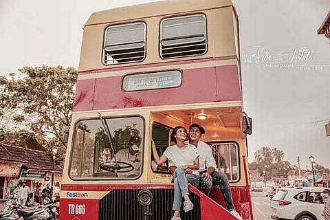 Kerala RTC double-decker bus used for a pre-wedding photoshoot
