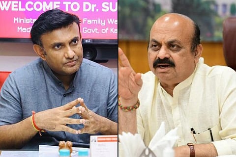 Collage of Dr K Sudhakar on the left and Chief Minister Basavaraj Bommai on the right