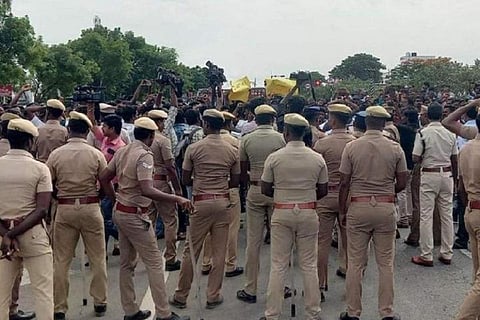 Police assembled at the site of Kallakurichi protests