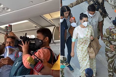 A collage showing mediapersons on board the flight and Kangana Ranaut exiting the Mumbai airport