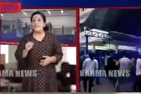 A news anchor on right side and men dancing at a party on the right 