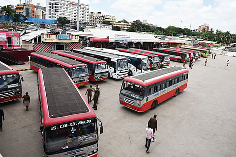 KSRTC bus leaving the depot at Majestic in Bengaluru