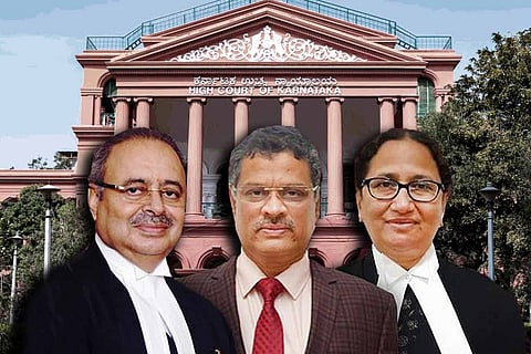 Karnataka Chief Justice Ritu Raj Awasthi, Justice Krishna S Dixit and Justice JM Khazi against a background of the Karnataka High Court