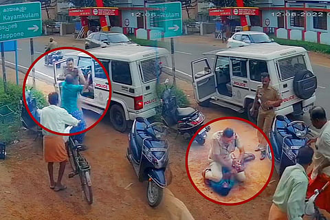 Screengrab of the man attacking SI Arun Kumar, and the police officer overpowering the attacker