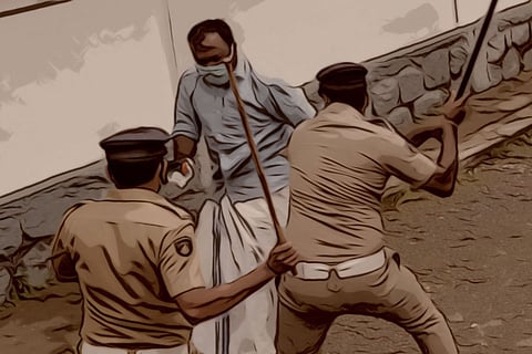 A cartoonized picture of two cops beating a man