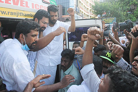 Congress MLAs Kerala Sabarinath and Shafi Parambil being shifted to hospital in an ambulance 