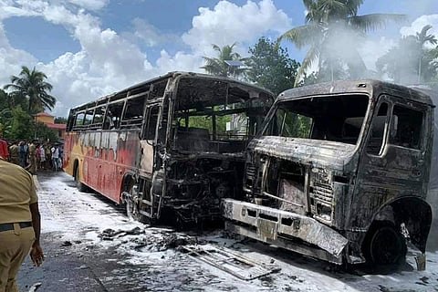 At least 12 injured after Kerala state bus collides with truck and catches fire