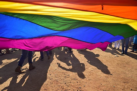 A picture of a flag containing LGBTQ colours.