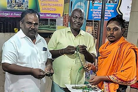 Ariyalur VHP men Vijayakumar, Muthuval and Ashokji (left to right) at a temple. 