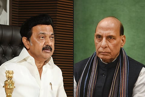 A collage of Tamil Nadu CM MK Stalin and Union Defence Minister Rajnath Singh