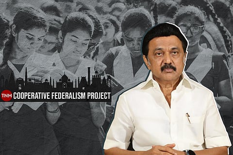 Tamil Nadu CM MK Stalin against a background of students studying for NEET