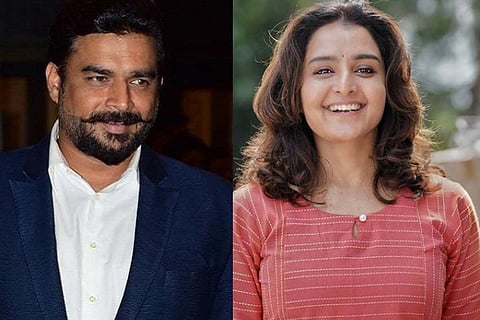 Collage of actors R Madhavan and Manju Warrier