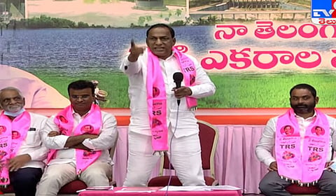 Malla Reddy issuing a challenge to Revanth Reddy