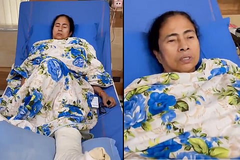 Mamata Banerjee seen lying on a hospital bed with a plastered leg 