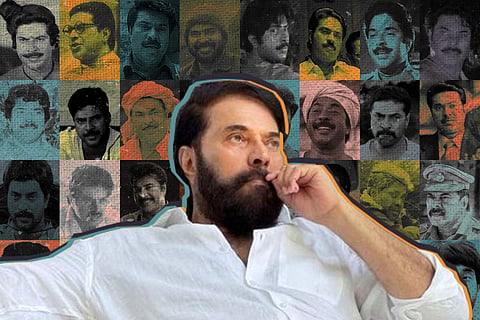 Mammootty cutout with backdrop of roles from different films