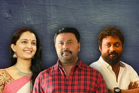 A collage of Manju Warrier, Dileep and Anoop