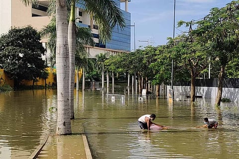 People fishing in waters after Bengaluru’s Manyata Tech Park flooded