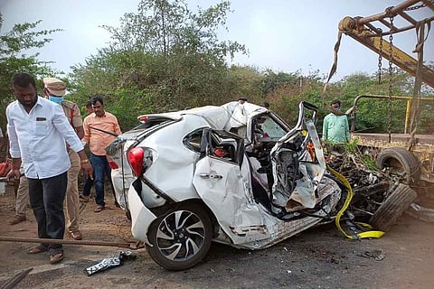 A mangled car which met with an accident while its occupants were travelling to the Medaram jatara in Telangana