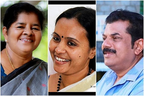 Collage of Kerala minister Mercykutty Amma and CPI (M) MLAs Veene George and Actor Mukesh 