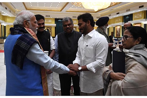 PM Modi, Andhra CM Jagan Mohan Reddy and West Bengal Chief Minister Mamata Banerjee at the all-party meet