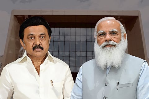 Collage of Stalin and Modi in front of IVC 
