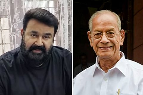 Collage of Mohanlal in a grey t-shirt and E Sreedharan in a white shirt 