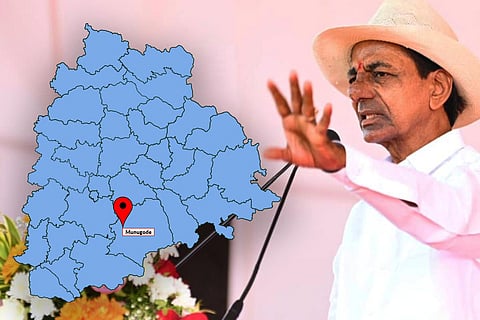 A collage of CM KCR and Munugode marked on a map