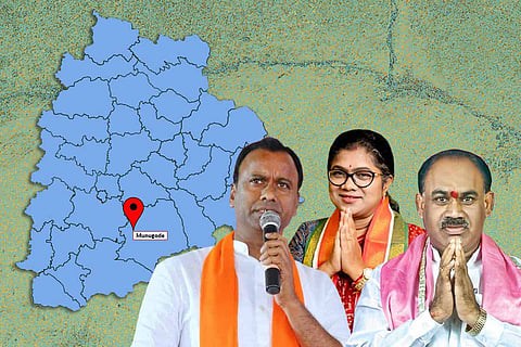 Munugode bye-election candidates with the Munugode map in the background
