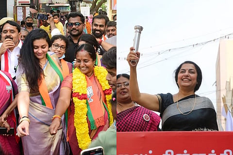 Collage of Namitha with Vanathi and Suhasini Maniratnam holding a torch 