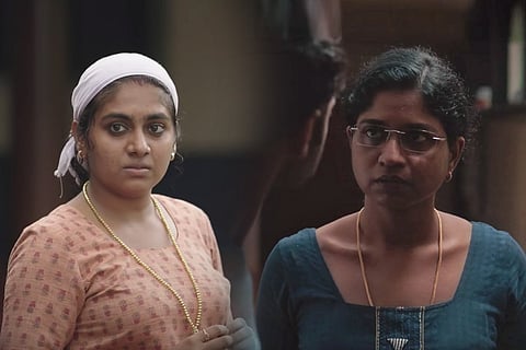 Collage of Nimisha Sajayan with a towel around her head and Unnimaya Prasad in a blue kurta