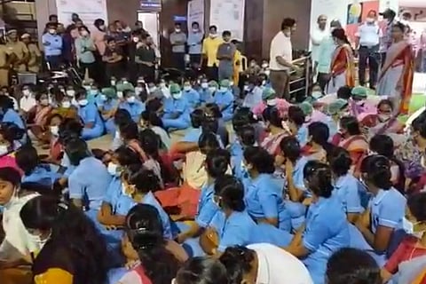 Sudha Hospital staff members in Erode protesting inside the hospital 